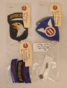 lot 157 image: Vintage Airborne Military Patches and Fort Bragg Mothers Pin and Wings