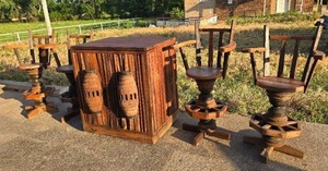 Teakwood Bar 40" x 41" x 2" and (4) Rustic Wagon Wheel Bar Stools 29"W x 48"H
