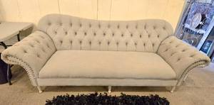 lot 13 image: 94 Linen Rolled Arm Sofa with Nail Head Trim 94 L x 36 W - Like New - Excellent Condition