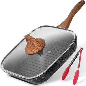 lot 21952 image: ESLITE LIFE 11 Inch Nonstick Grill Pan with Lid for Indoor Cooking, Versatile Induction Square Large Grilling Skillet Steak Pan for Stove Tops, PTFE & PFOA Free, Black - Retail $45