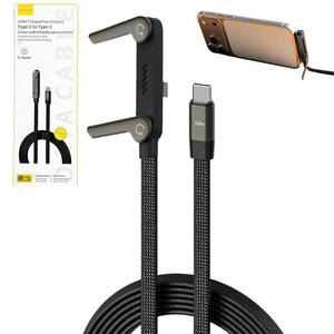 lot 29623 image: Flat Phone Charger Cable, 90° Right Angle Type-C to Type-C Cord, 240W Fast Sideway Charger Cable for Data Sync - 2-in-1 with Built-in Adjustable Phone Stand (1 Pcs) - Retail $13