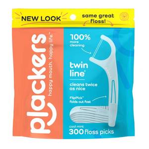 lot 29629 image: Plackers Twin Line Dental Floss Picks, Dual-Line Tuffloss, Easy Storage, Cool Mint Flavor, 300 Count - Retail $7