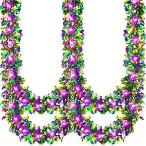 lot 29633 image: Kingdder 16.4 ft Mardi Gras Garland with Lights Tinsel Decorations Prelit Metallic 50 LED Hanging Decor Mardi Gras Tree Purple Green Gold Foil Sparkling Glitter Garland for Carnival Party Decor - Retail $10