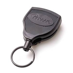 lot 29634 image: Key-Bak Super48 HD 8oz. Locking Retractable Key Holder, 48 Retractable Cord, Black Polycarbonate Case, Steel Belt Clip, Oversized Split Ring - Retail $14