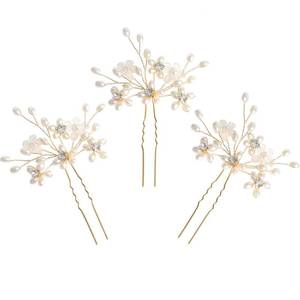 lot 29642 image: Sppry Elegant Pearl Wedding Hair Pins, Bendable Floral Crystal Hair Accessories for Bridal Women, Pack of 3 (Gold) - Retail $15