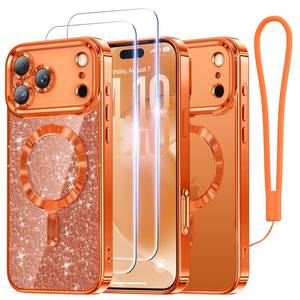 lot 29660 image: Meifigno Designed for iPhone 17 Pro Case 6.3, Glitter Card & Wrist Strap Compatible with MagSafe 2X HD Screen Protectors Surround Raised Lens Protection for 17 Pro Case for Women,Cosmic Orange - Retail $15