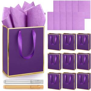 lot 29687 image: Yeaqee 10 Pack Metallic Paper Gift Bags with Handle Tissue Paper Thank You 5 Senses Gift Bag for Birthday Wedding Baby Shower Groomsmen Bridal Graduation Party Favor 9 x 7 x 3.15(Purple, Gold) - Retail $16