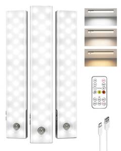lot 31508 image: EZVALO 3-Pack Under Cabinet Lighting, 2000mAh Rechargeable Wireless Motion Sensor Lights, 62LEDs, 3 Color Temps, Dimmable, Timer, Magnetic, with Remote Control for Kitchen, Closet, Stair - Retail $20