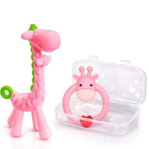 lot 31515 image: SHARE&CARE BPA Free Silicone Giraffe Baby Teether Toy with Storage Case, for 3 Months Above Infant Sore Gums Pain Relief and Baby Shower, Baby Teething Toys (Pink) - Retail $7
