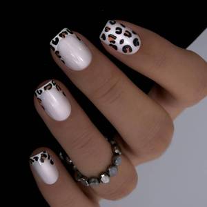 lot 31516 image: Curvlife 30pcs Press on Nails, Medium Square Acrylic Fake Nail with leopard print French Apricot Design, Full Cover False Nails Tips Glossy Nude Glue on Nails Artificial Stick on Nails for Women - Retail $13