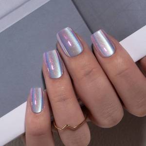lot 31517 image: Curvlife 30pcs Soft Gel Press on Nails, Purple Chrome Cat Eye Fake Nail with Apricot Design, Full Cover False Nails Tips Glossy Nude Glue on Nails Artificial Stick on Nails for Women - Retail $13