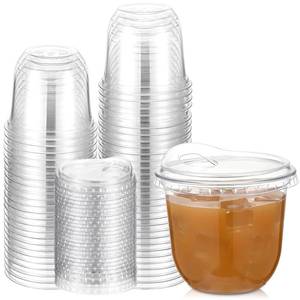 lot 44151 image: Baderke 50 Pcs Clear Plastic Cups with Strawless Sip Lids Disposable Round Bottom Togo Cups for Coffee Smoothie Cold Beverage Coffee Shops and Party Catering (10 oz) - Retail $23