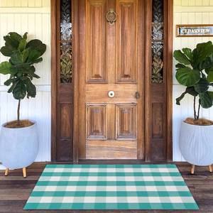 lot 44155 image: Fallovea Spring Rugs Green and White Plaid, 3x5 Area Rug Outdoor Indoor Easter Front Porch Doormat Cotton Hand-Woven Layered Door Mats for Entryway Patio Entryway Laundry Bedroom Living Room - Retail $33
