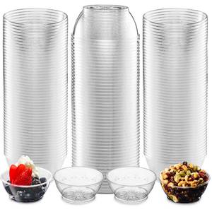 lot 44164 image: JoyServe Clear Mini Plastic Bowls - (Bulk 100 Pack) 6 Oz Disposable Premium Hard Plastic Dessert Bowls for Serving, Weddings, Catering, Parties, Salsa, Home or Event Party Supplies - Retail $18