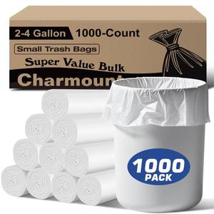 lot 44166 image: 9 Charmount Small Trash Bags 2-4 Gallon 1000 Count, Unscented White Plastic Wastebasket Liners for Bathroom, Mini Garbage Can or Bin - Retail $38