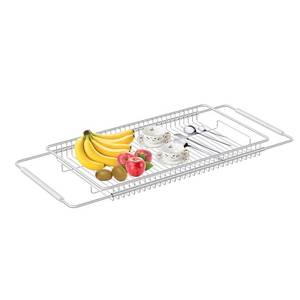 lot 44169 image: TABABAO Expandable Over The Sink Dish Drainer Drying Rack, Stainless Steel Metal, Small Adjustable Dish Drainer Drying Rack for Kitchen Counter, Space Saving for Compact Kitchen - Retail $20