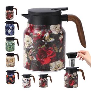 lot 44171 image: Vintage Floral Pattern Tea Pots Built-in Infuser,Vintage Floral Teapot with Built In Infuser Stainless Steel Thermal Carafe with Lid for Hot Drinks,Brown(Wooden handle,35oz) - Retail $19
