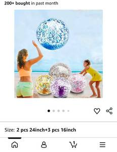 lot 44176 image: Inflatable Glitter Beach Balls Set with Air Pump - Retail $15