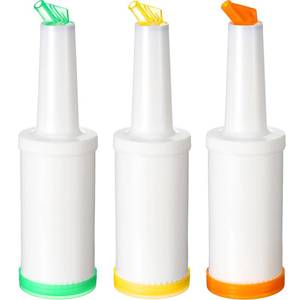 lot 44182 image: CHENGU 3 Pcs Bar Pour Colorful Juice Pouring Bottle Containers 34 oz Plastic Juice Dispensers for Bar Home Party Kitchen Supplies (Green,Yellow,Orange) - Retail $21