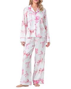 lot 44187 image: Cusghjbsg Women Valentines Day Satin Pajama Set Long Sleeve Heart Print Lapel Neck Button Down Shirt with Pants Sleepwear Set (Pink B, L) - Retail $25