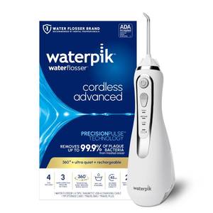 lot 44191 image: Waterpik Cordless Advanced 2.0 Water Flosser For Teeth, Gums, Braces, Dental Care With Travel Bag and 4 Tips, ADA Accepted, Rechargeable, Portable, and Waterproof, White WP-580, Packaging May Vary - Retail $68