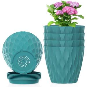 lot 44210 image: Meowell 4 inch Small Plastic Nursery Pots, 5 Pack Water Ripples Flower Pots for Indoor Plants, Plant Pots with Drainage Holes and Saucers, Seedling Starter Planters for House Plants, Blue Green - Retail $10