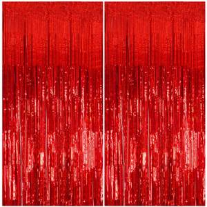 lot 44219 image: 2 Pack Foil Curtain Backdrop Red Metallic Tinsel Foil Fringe Curtains Photo Booth Props for Birthday Wedding Engagement Baby Shower Bachelorette Christmas Holiday Celebration Party Decorations - Retail $6