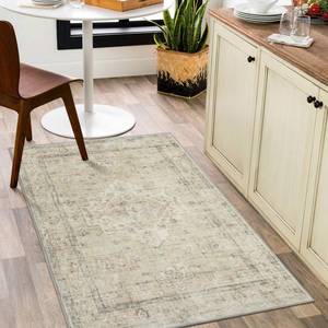 lot 44222 image: LIVEBOX Entryway Rug 3x5 Washable Area Rugs for Kitchen Bathroom, Non-Slip Front Door Mat for Bedroom, Boho Low-Pile Carpet Farmhouse Throw Indoor Mats for Bath Laundry Room, Tan - Retail $35
