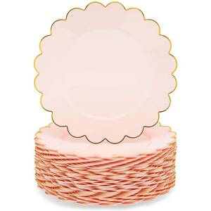 lot 44224 image: Sparkle and Bash Pink Plastic Plates for Party, 20-Pack - 9 in Pink & Gold Glossy Scalloped Edge - Disposable Heavy-Duty Fancy Plates for Birthday & Baby Shower - Retail $35