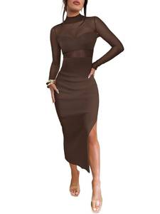 lot 44227 image: Caracilia Womens Mesh Dress Long Sleeve Mock Neck Bodycon Sheer Going Out Cocktail Night Club Midi Dresses  Outfits Deep Brown Small SMALL - Retail $46