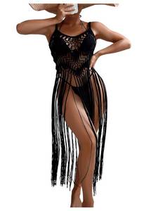 lot 44229 image: Floerns Womens Sleeveless Beachwear Swimwear Fringe Trim Crochet Kimono Cover Up Black One-Size