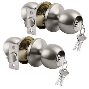 lot 44238 image: BESTTEN 2 Pack Entry Door Knob with Lock, Keyed Different Door Lock for Exterior Door and Front Door, Standard Ball, Satin Nickel - Retail $17