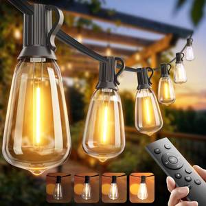 lot 44243 image: Addlon 100FT LED Outdoor String Lights with Remote Waterproof Patio Lights with Shatterproof ST38 Replaceable Bulbs, Dimmable Outside Hanging Light Connectable for Porch, Backyard - Retail $36