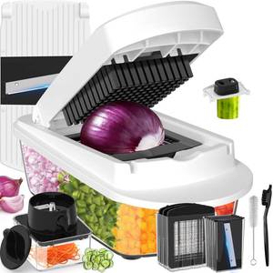 lot 44261 image: All-in-1 Vegetable Chopper Mandoline Slicer with Container, Spiralizer with Containers, Food Chopper, Onion Chopper, Veggie Cutter for Salad, Kitchen Gadgets Accessories Essentials, White 12 Blade  - Retail $30
