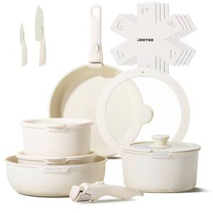 lot 44264 image: JEETEE Pots and Pans Set Non Stick 17pcs, Kitchen Cookware Sets with Detachable Handle, Induction Nonstick Cookware Set with Removable Handle, Stackable RV Cookware, Oven Safe, PFASPFOA Free, Beige - Retail $51