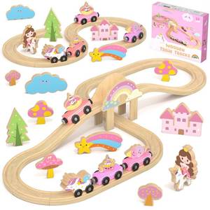 lot 44266 image: Unicorn Wooden Train Set for Toddler Girls Ages 2-4 Magical Fairy 38 Pcs Toddler Girl Toys with Railway Track Fantasy Toys for Girls 3-5 Year Old Kids - Retail $28