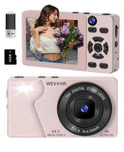 lot 44268 image: Wevoor 4K Digital Camera for Photography- 64MP Autofocus Vlogging Camera with Dual Lens, 18X Digital Zoom- Small Point and Shoot Camera with Card and 2000mAh for YouTube, Travel, Beginners (Pink) - Retail $38