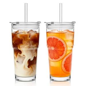 lot 44282 image: SoulTimes 20oz Glass Tumbler with Lid and Glass Straw Set of 2, Clear Reusable Iced Coffee Cup, Drinking Glass for Coffee, Tea, Juice, Smoothies Durable & Elegant Glassware - Retail $17