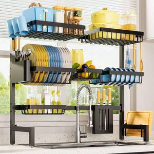 lot 62625 image: Sakugi Dish Drying Rack - Over The Sink Dish Drainer Drying Rack with Utensil & Knife Holder, Hooks, Stainless Steel Kitchen Organizers and Storage Solution, 11.8 D x 31.539.0W x 30 H, Black - Retail $60
