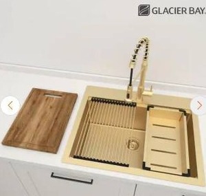 lot 13022 image: Glacier Bay 33 in. Drop In Single Bowl 18-Gauge Gold Stainless Steel Workstation Kitchen Sink - Retail $549