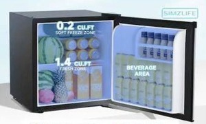 lot 26271 image: SIMZLIFE 17.5 in 1.7 cu. ft. Mini Refrigerator Countertop with Freezer, Reversible Door and Adjustable temp in Silver - Retail $215