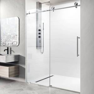 lot 26279 image: VIGO Elan Cass Aerodynamic 60 to 64 in. W x 76 in. H Sliding Frameless Shower Door in Stainless Steel with 10mm Clear Glass - Retail $1,862