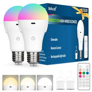 lot 4010 image: BoRccdit CordlessGlow Rechargeable Light Bulbs with Remote,5 RGB  3 CCT Dimmable Battery Operated Light Bulb for Hardwired & Non-Hardwired Lamps Sconces,Presets  Custom Scenes,Up to 24 Hours, 2PK