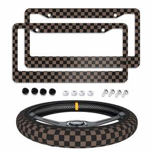 lot 4013 image: Checkered Brown License Plate Frame 2pc Checkered Brown Black License Plate Frame Checkereds Steering Wheel Cover Steering Wheel Cover Cars Aluminum with Fits Standard Us Ca Vehicles