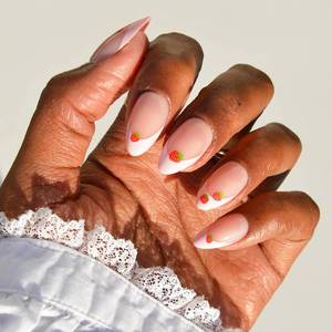 lot 4089 image: Glamnetic Press On Nails - Short Almond Fake Nails, Glossy Pink Nails with Strawberry French Tip, Strawberry Bits  15 Sizes - 30 Nail Kit with Glue  Gift for Mom