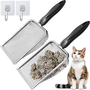 lot 4090 image: ISYOKE 2Pcs Cat Litter Scoop Metal Stainless Steel Mesh Kitty Litter Scoop with Hook, Cat Scooper for Litter Box, Filter Small Pieces Quickly, Easy to Clean and Durable (3mm5mm Mesh)