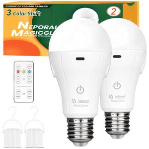 lot 4099 image: Neporal MagicGlow Rechargeable Light Bulbs with Remote, 3 Colors Shift  Dimmable Battery Powered Light Bulbs, USB Rechargeable, A19 Standard Emergency LED Light Bulbs, 15W, Up to 24 Hours, 2 Pack