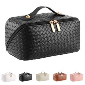 lot 4121 image: Large Capacity Travel Cosmetic Bag - PU Leather Makeup Organizer Bag Portable Woven Makeup Bags for Women Waterproof Travel Toiletry Bag with Divider Pouch, Black