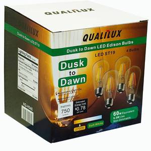 lot 4122 image: Qualilux Dusk to Dawn Edison Light Bulbs ST58(ST19), Soft White 2700K, 6.5W60W, Non-Dimmable Auto OnOff, Light Sensing LED Filament Bulb Outdoor for Porch Patio Garage Garden,750LM, E26, 4-Pack