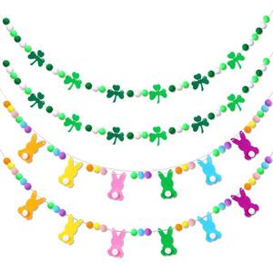 lot 4132 image: Breling 4 Pcs St. Patricks Day Easter Banner Decor St. Patricks Day Felt Garland Easter Garland Bunny Shamrock Clover Hanging Banner for Party Mantle Home Supplies
